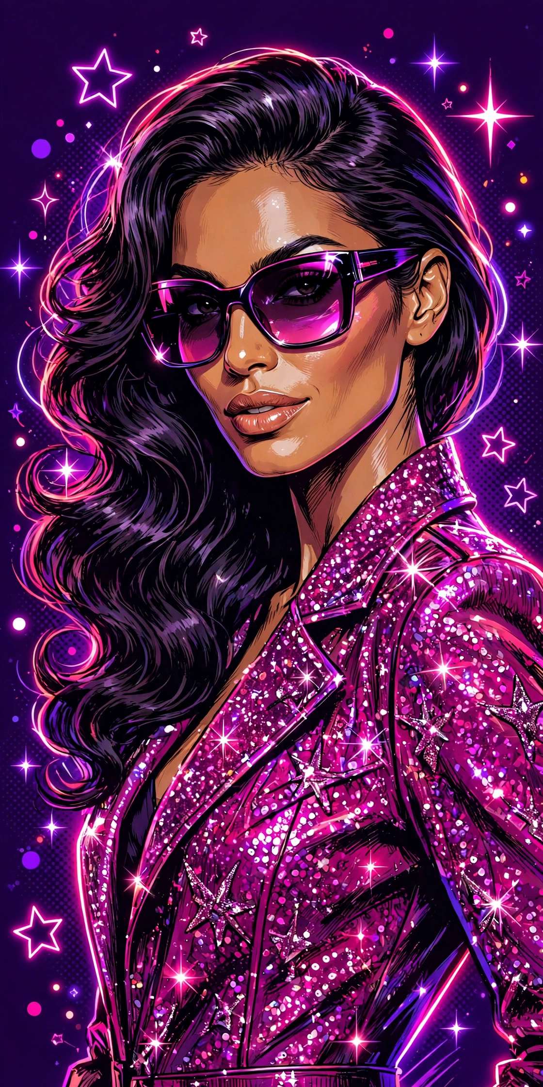 Illustrated spotlight portrait of a model in a sparkling magenta jacket and sunglasses