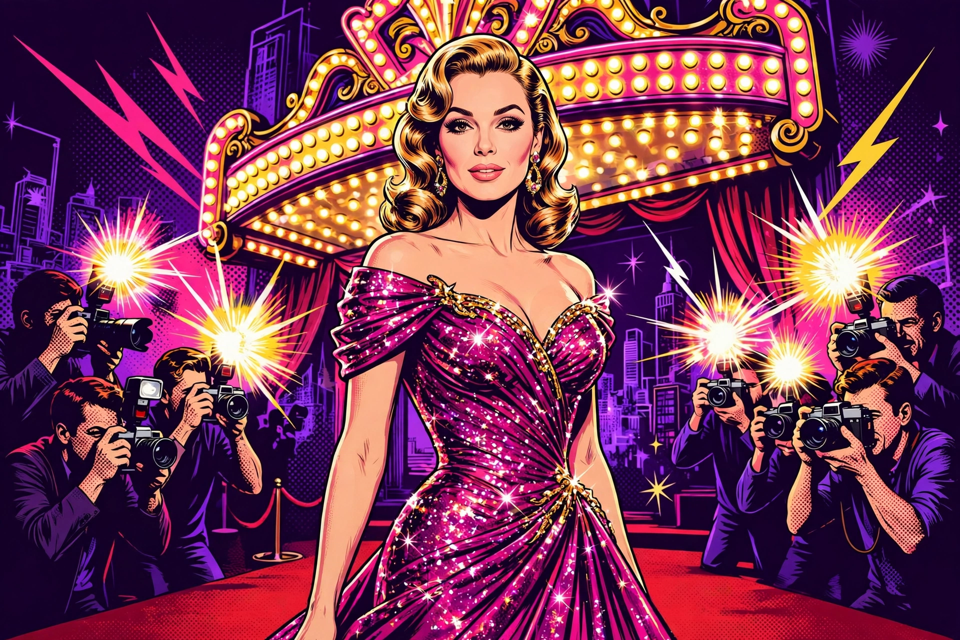 Illustrated movie star in a sparkling magenta gown on a red carpet under camera flashes