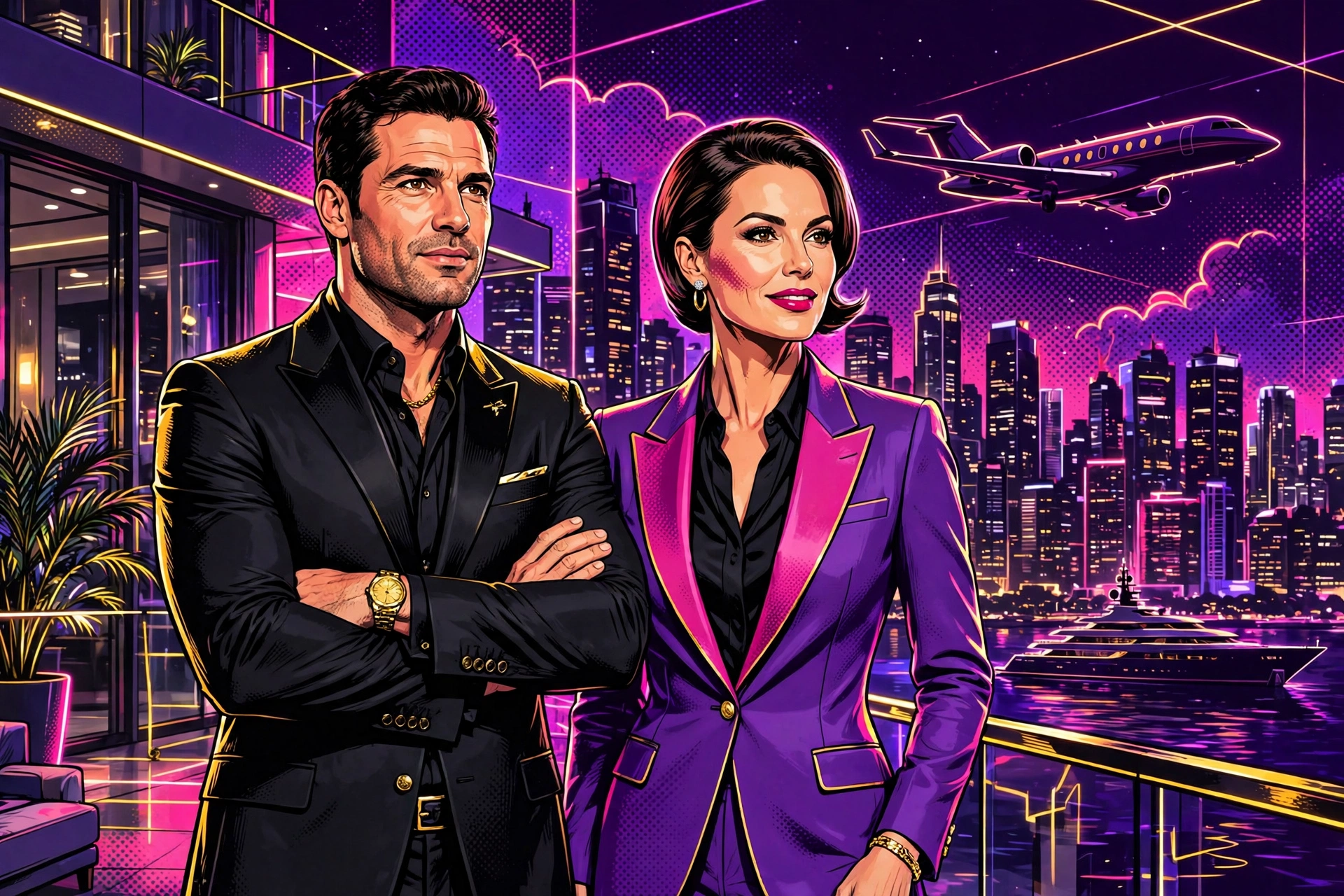 Illustrated billionaire couple in tailored suits before a neon penthouse skyline, jet and yacht behind them
